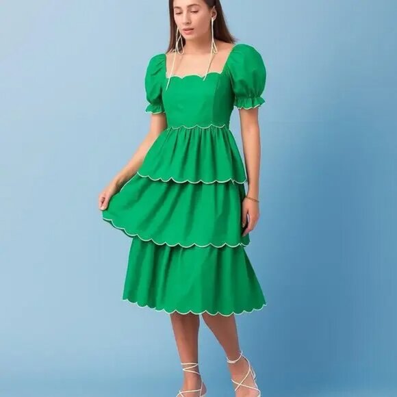 English Factory Scallop Tiered Puff Sleeve Midi Dress Green NWT - Small - Picture 1 of 10